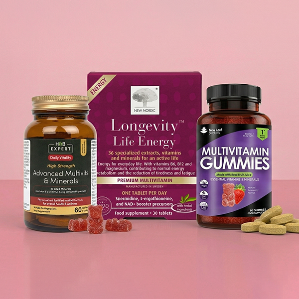 Selection of multivitamins on a pink background