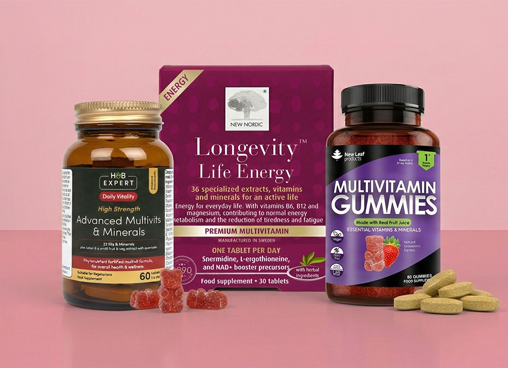 Selection of multivitamins on a pink background
