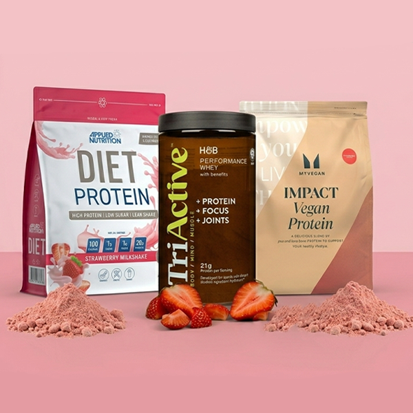 selection of protein shakes on pink background