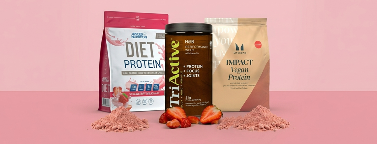 selection of protein shakes on pink background