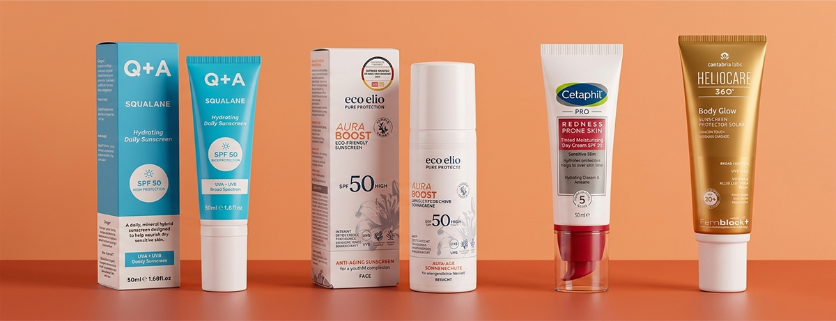 Selection of SPF products on orange background