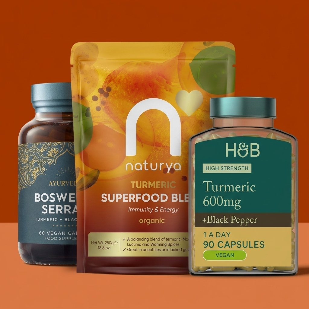 Selection of turmeric products on orange background