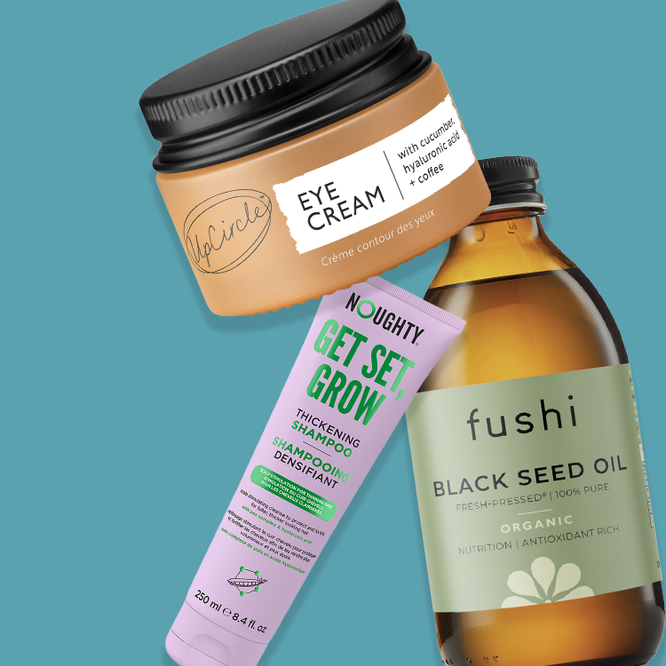 Beauty products on a blue background