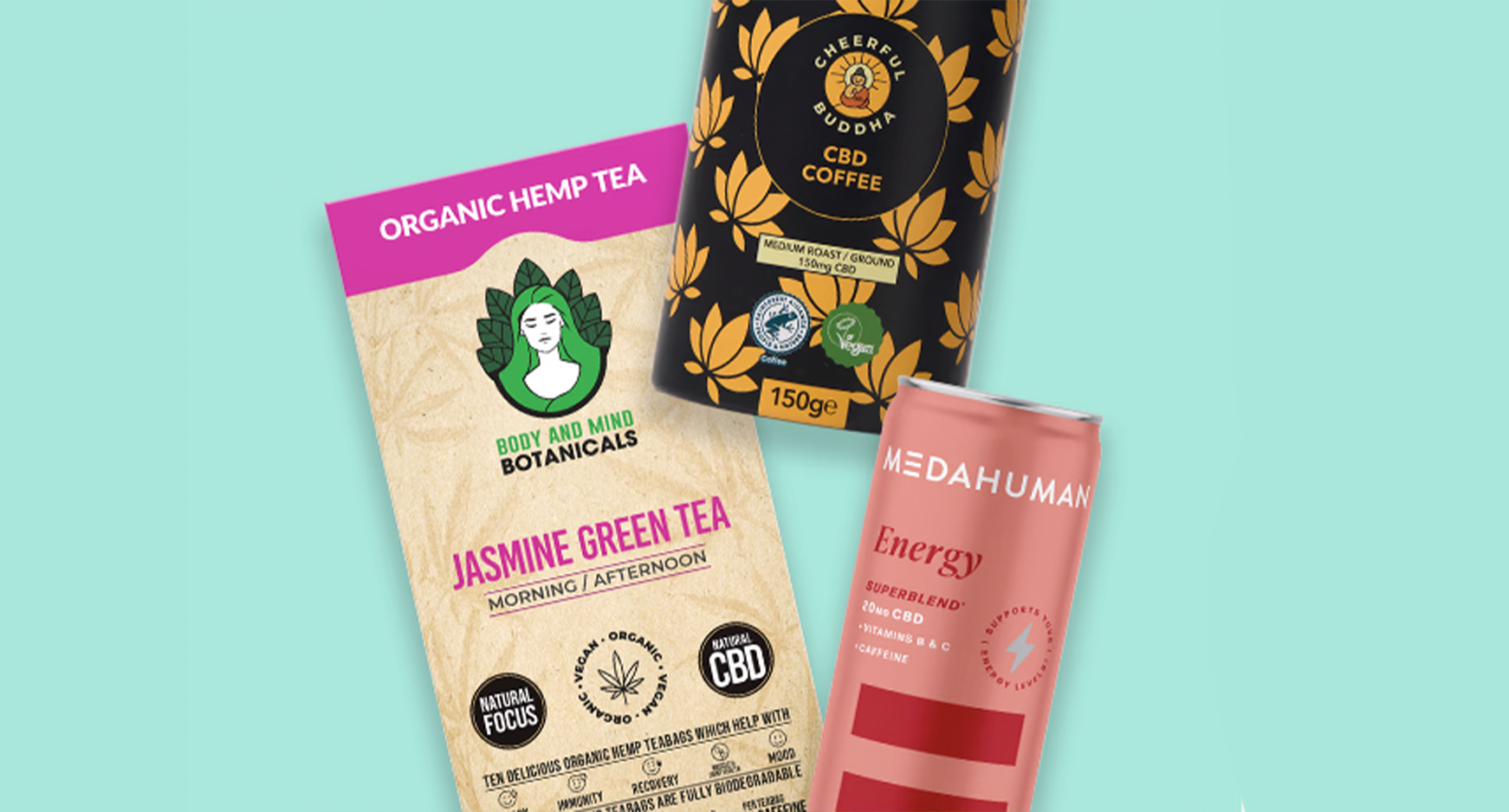 CBD drink products on light blue background