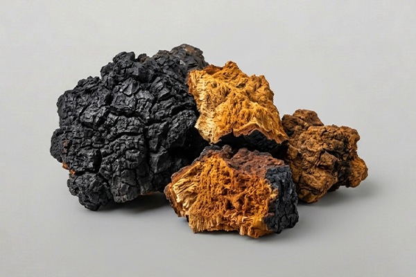 Chaga mushroom on grey background