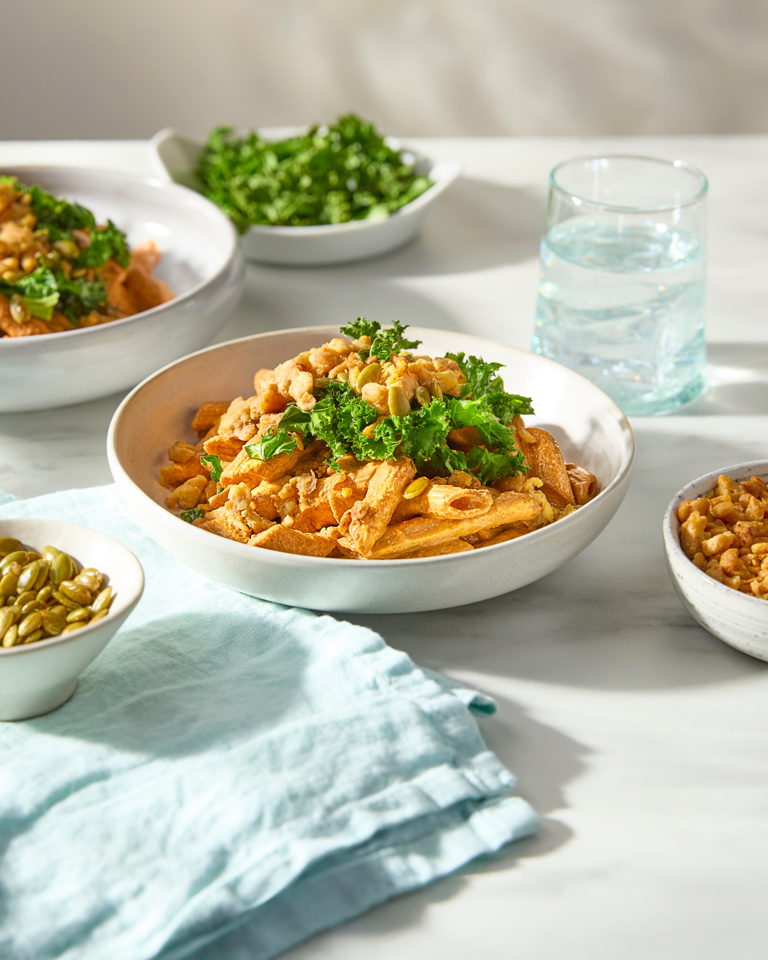 Gluten-free, high-protein chickpea penne with crumbled tempeh