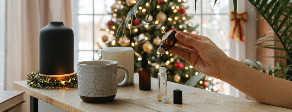 essential oils on a table with diffuser