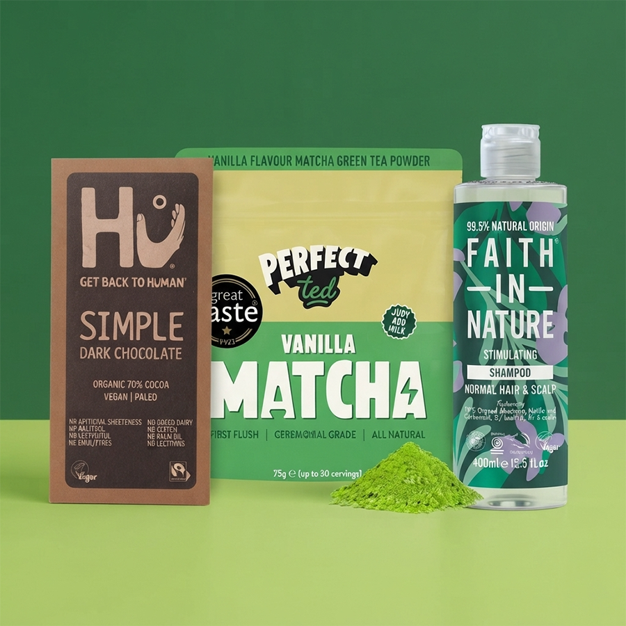 selection of vegan gifts on green background