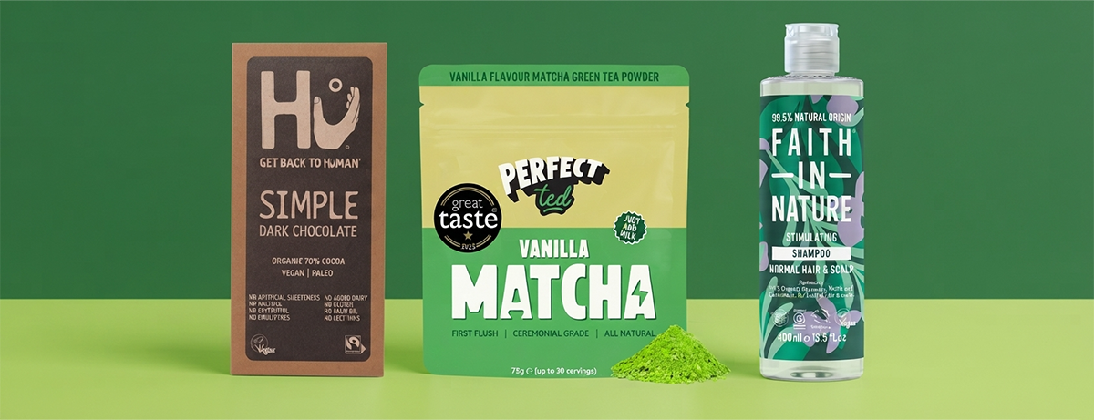 selection of vegan gifts on green background