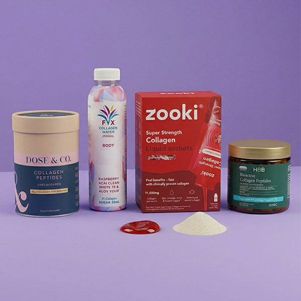 Selection of collagen products on a purple background