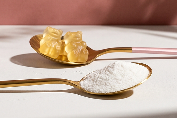 Collagen powder and gummies on white background
