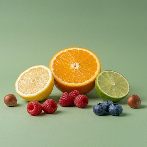 Selection of citrus fruits on a green background