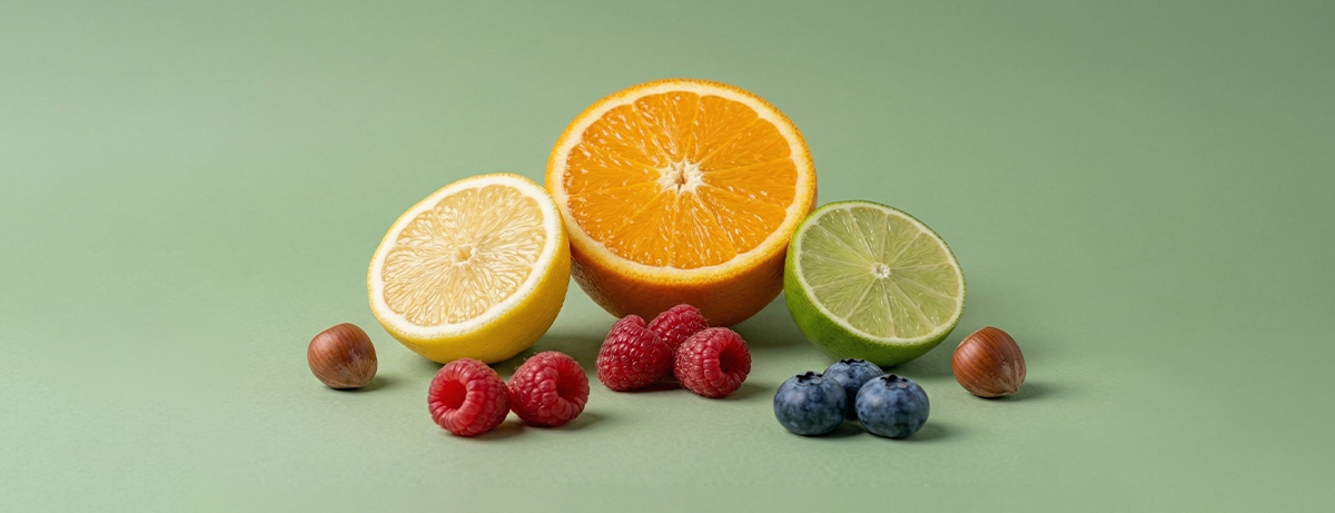 Selection of citrus fruits on a green background