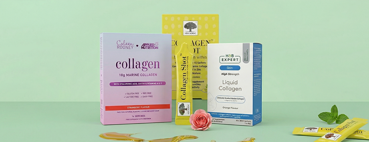 Selection of collagen products on green background