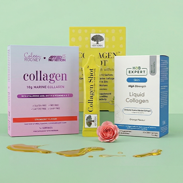 Selection of collagen products on green background