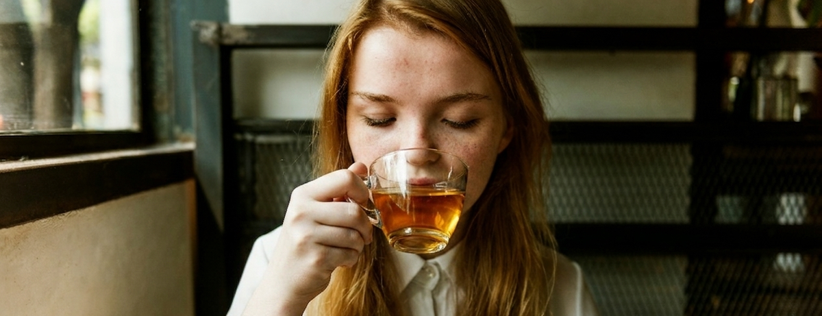Female drinking a cup of tea in a clear glass