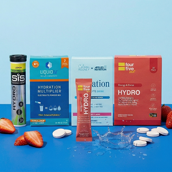 Selection of electrolyte products on blue background