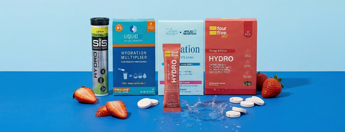 Selection of electrolyte products on blue background