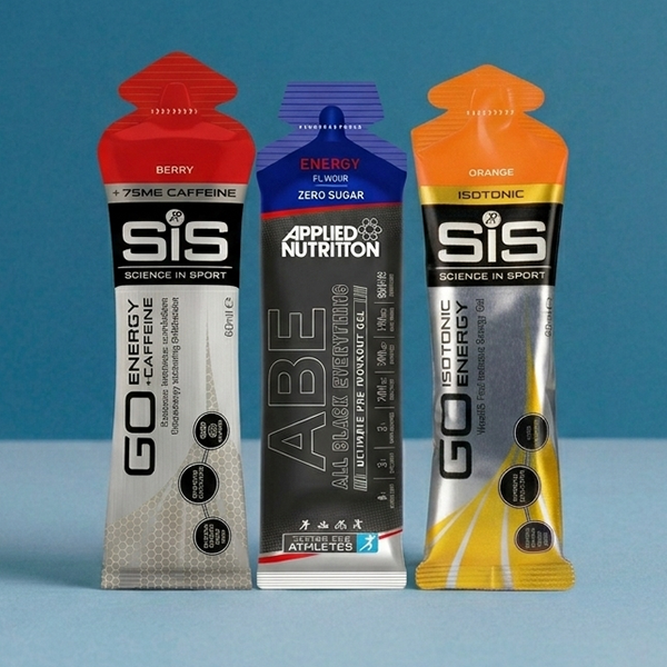 Selection of running gels on blue background