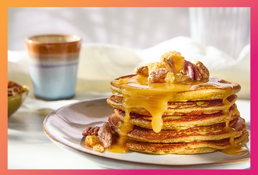 energy hub recipe nut butter pancakes high in protein and boost energy highlighted by colour gradient background