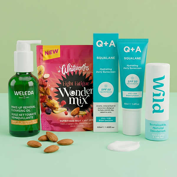 Selection of health and wellness products on green background