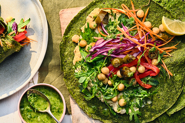 Portion of high-fibre spinach wraps