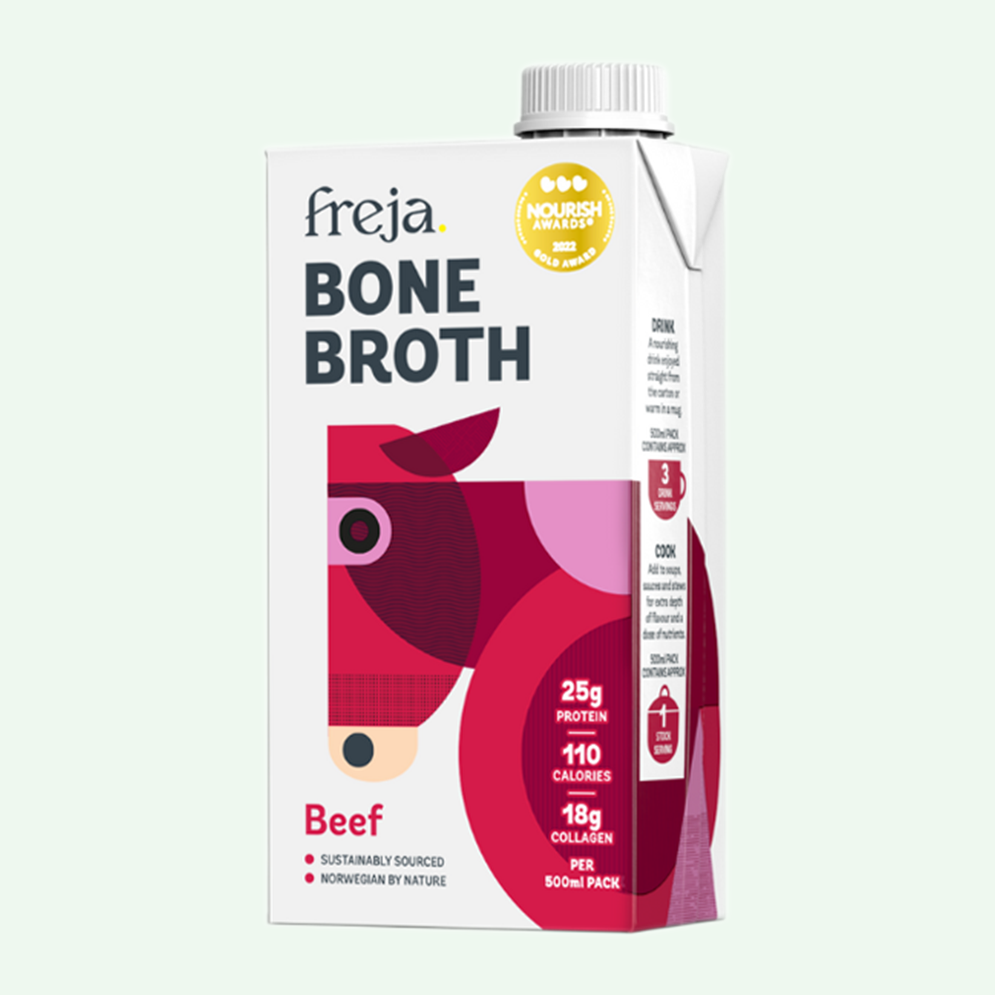 Freja bone broth in a carton on white background