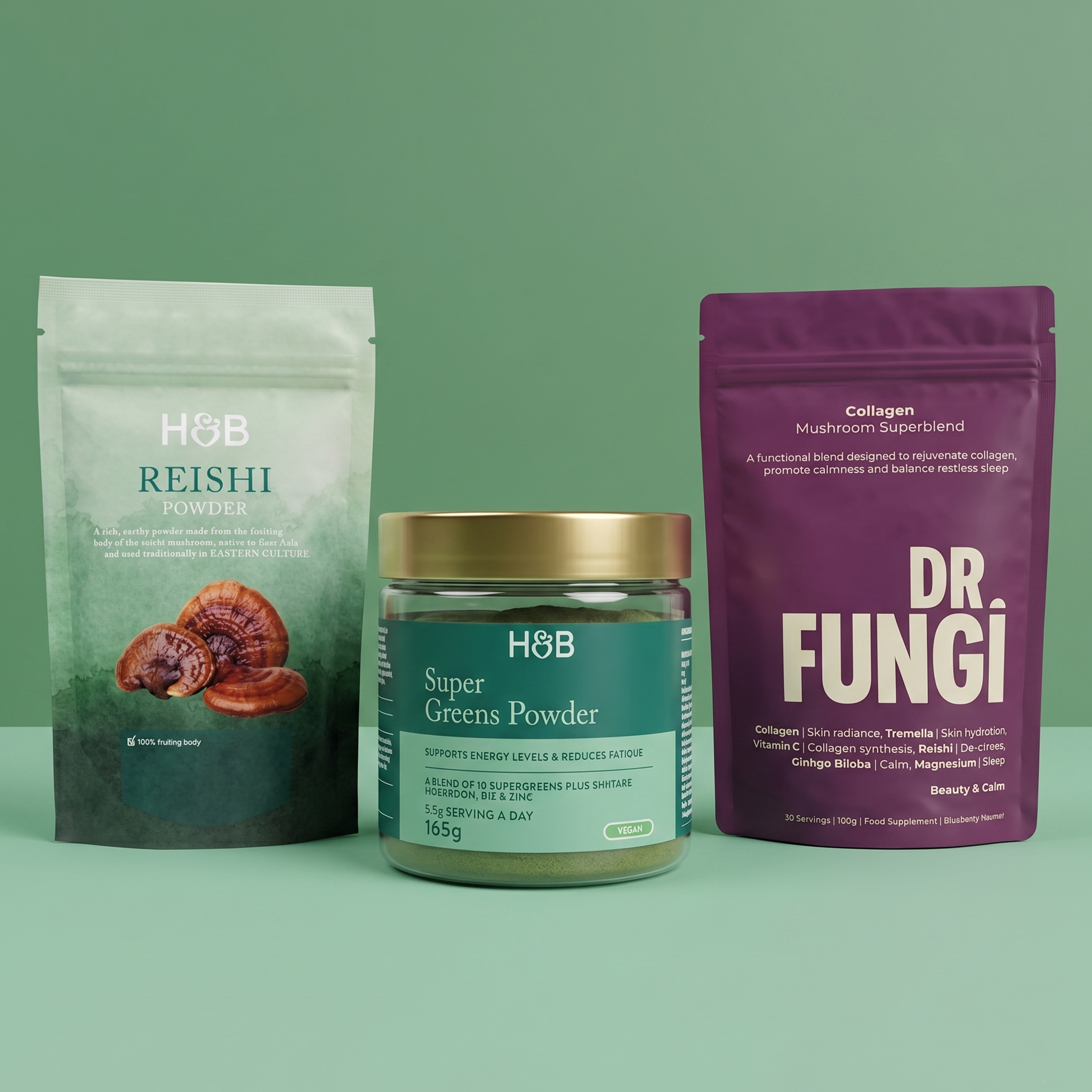 Selection of functional mushroom products on green background