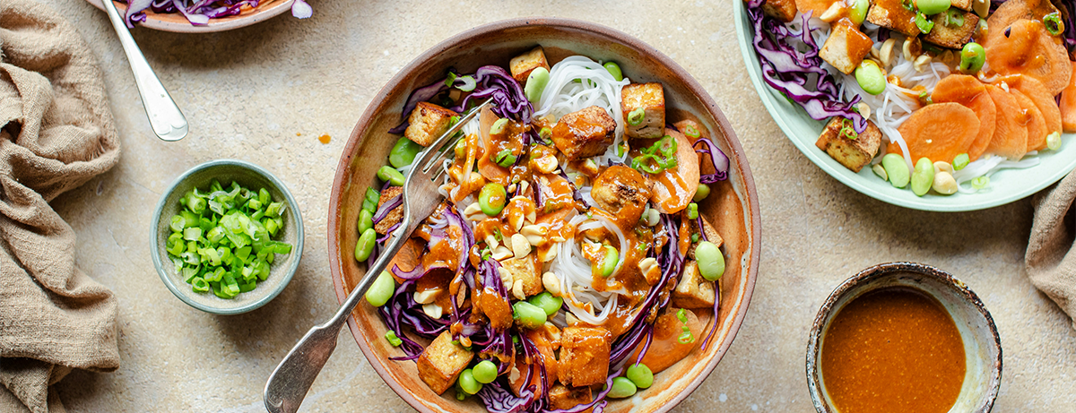 Portion of tofu and vegetables in a bowl