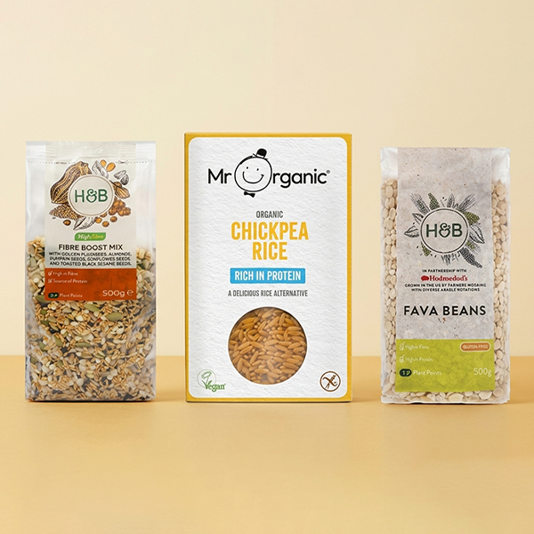 Selection of seeds and rice on a yellow background