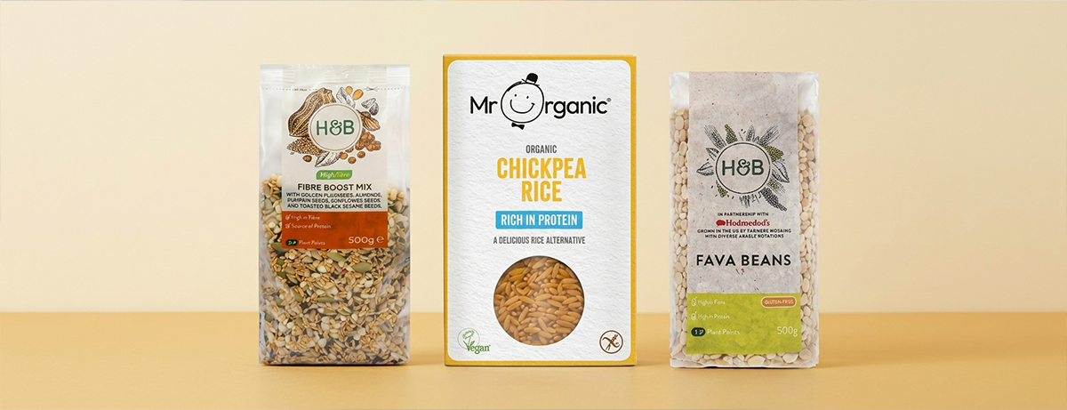 Selection of seeds and rice on a yellow background