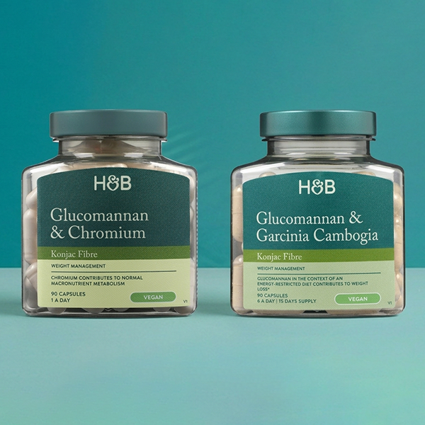Selection of glucomannan supplements on a green background