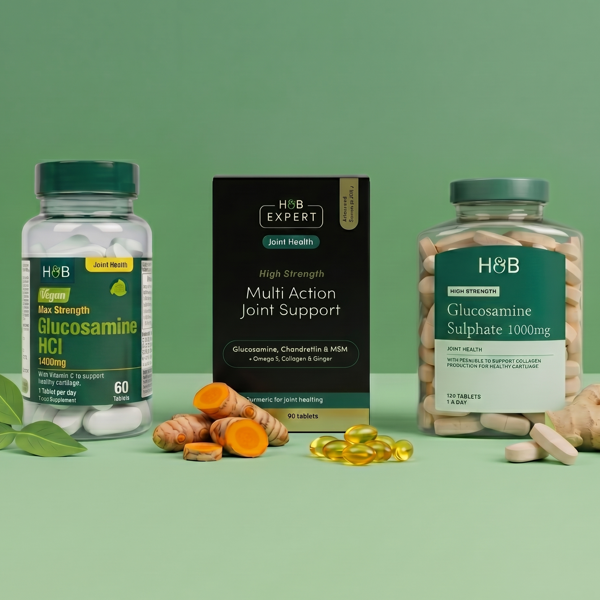 Selection of glucosamine products on green background