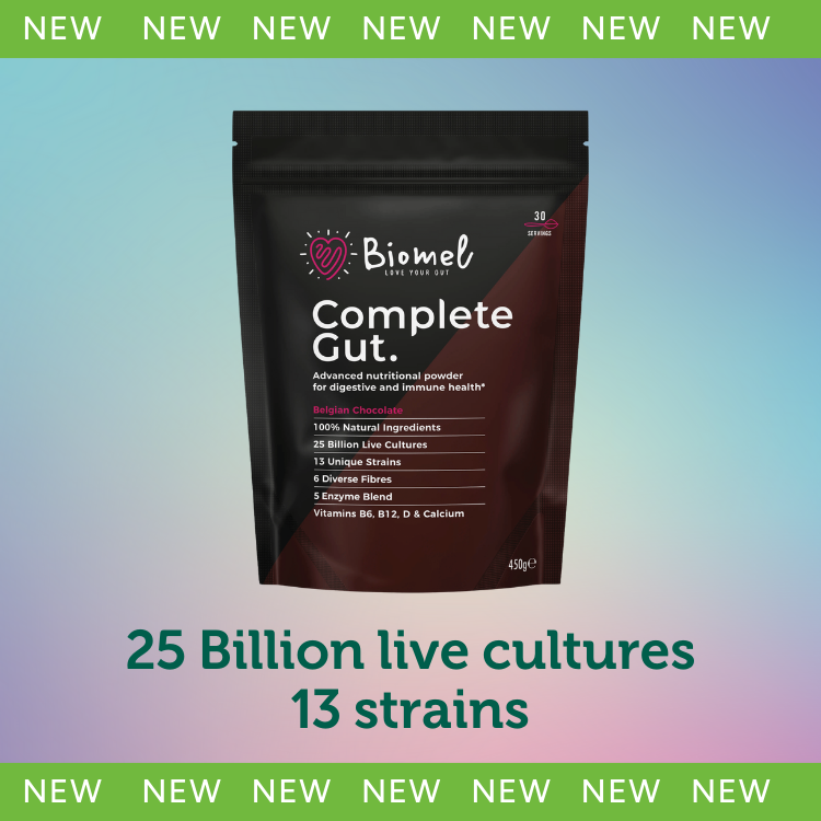Gut health product sitting on a blue and purple background