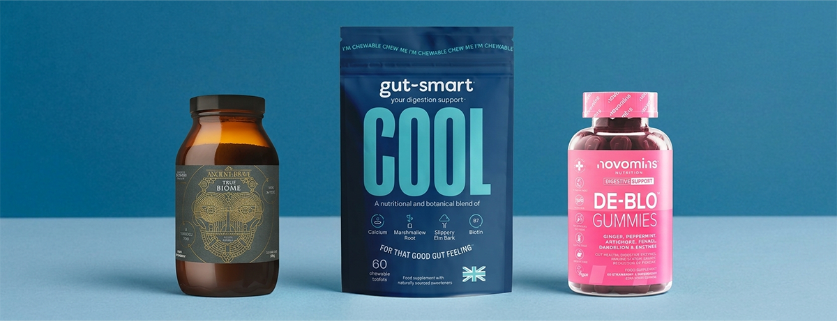 3 gut health products on a blue background