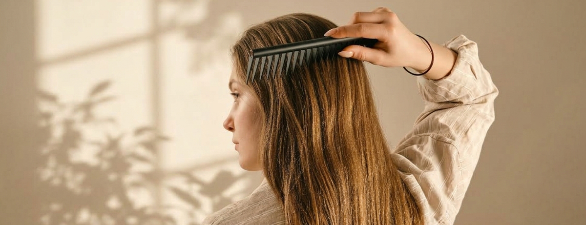 female in bedroom combing hair