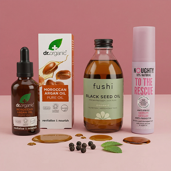 selection of hair products on pink background