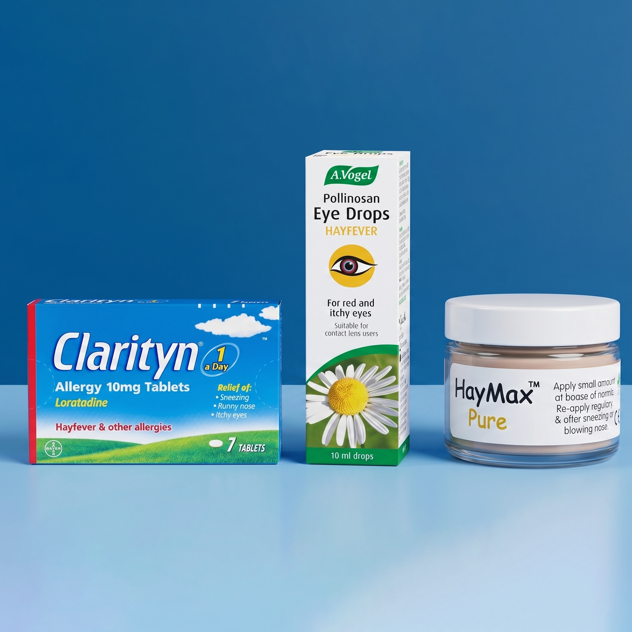 Selection of hay fever supplements on blue background