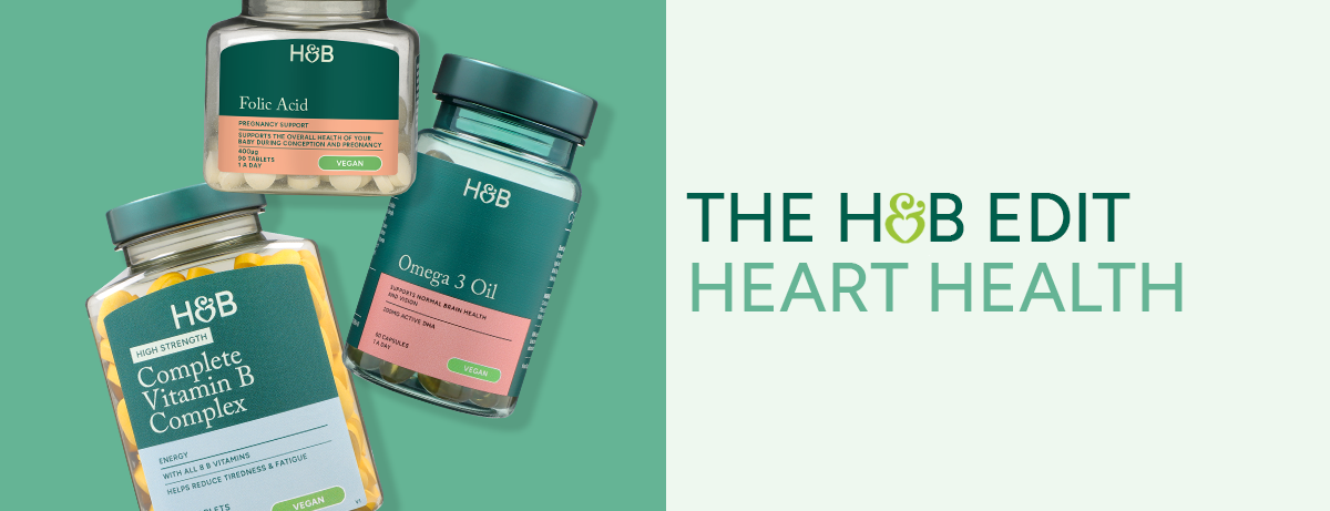 The H&B Edit: Heart Health. With selection of products on a green background