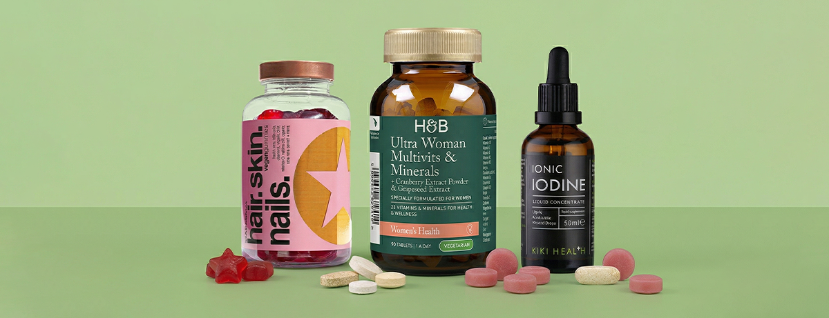 Selection of iodine products on green background