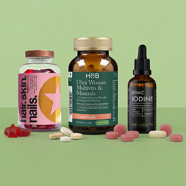 Selection of iodine products on green background