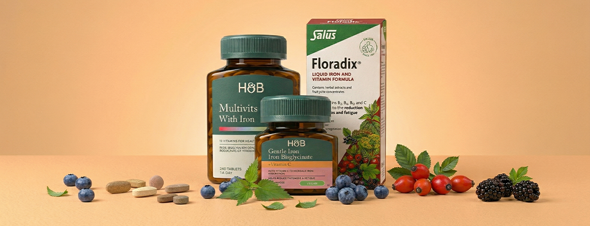 Selection of iron tablets on an orange background