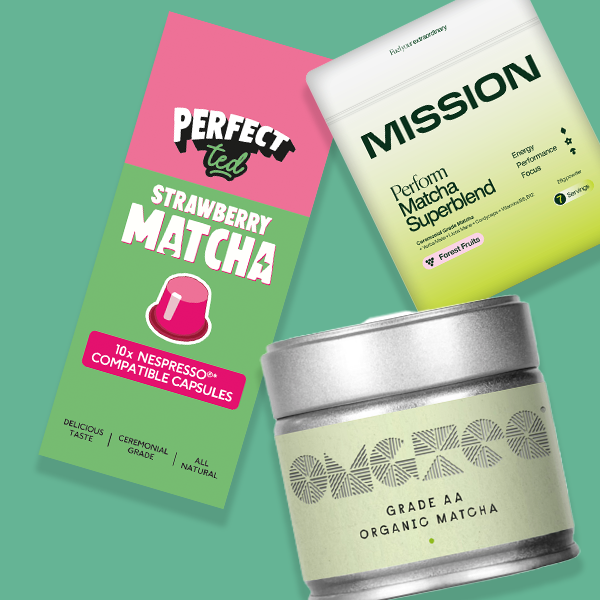 Selection of Matcha teas on green background