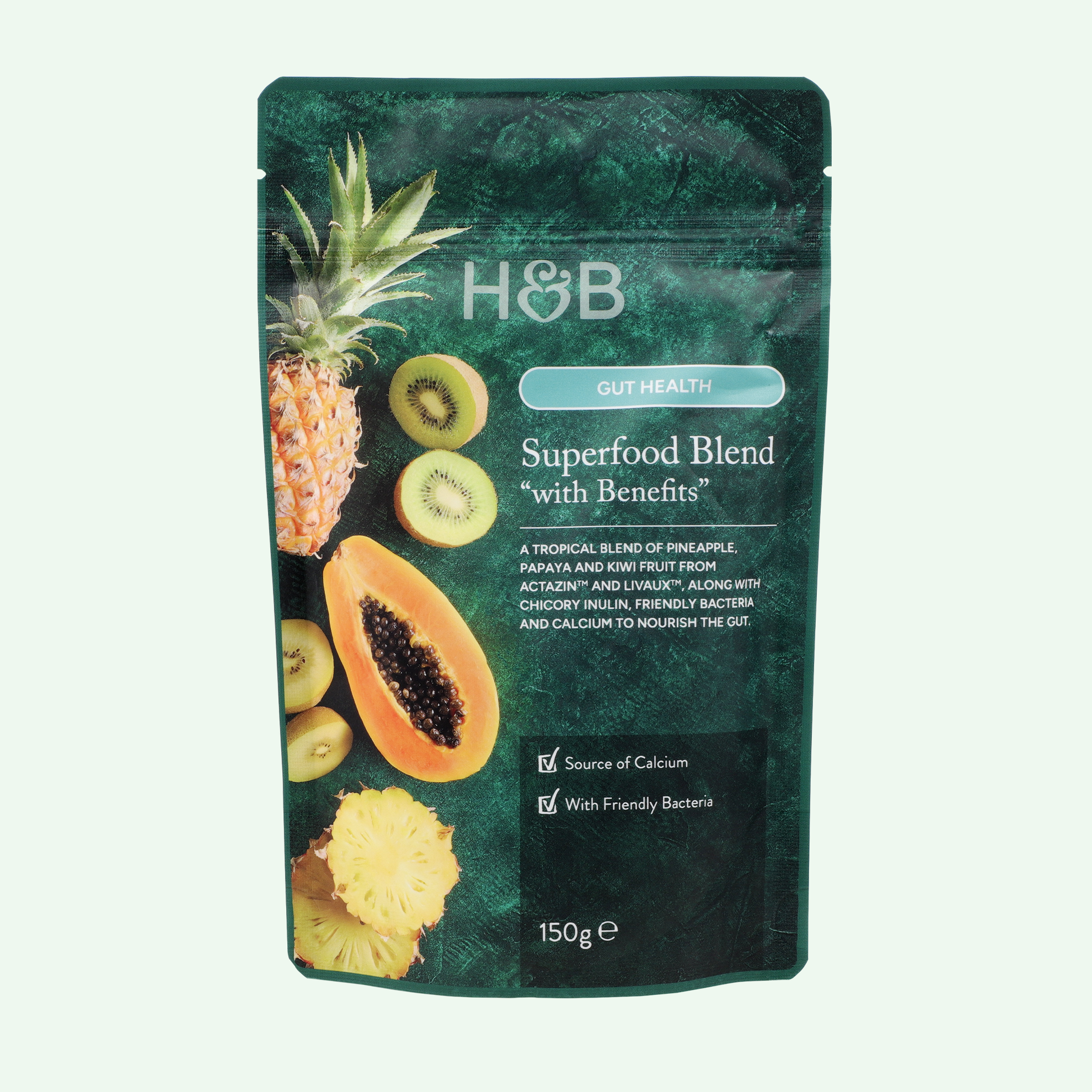 Packet of H&B Superfood powder on white background