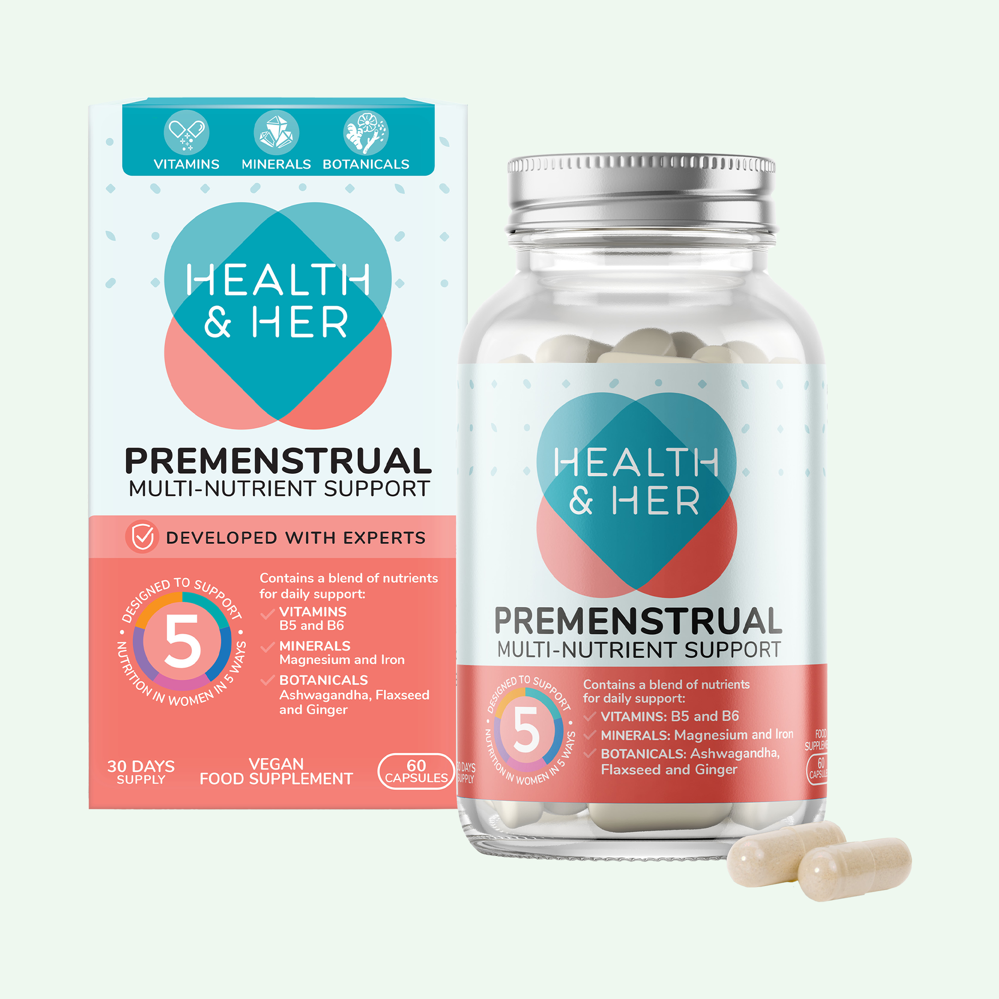 Premenstrual supplements on white background