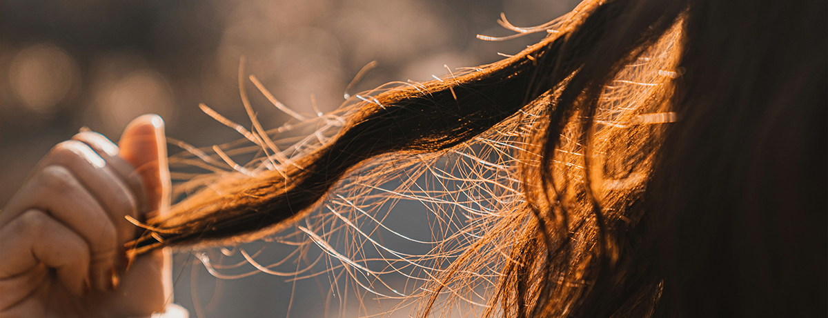 Hand holding hair in outdoor setting