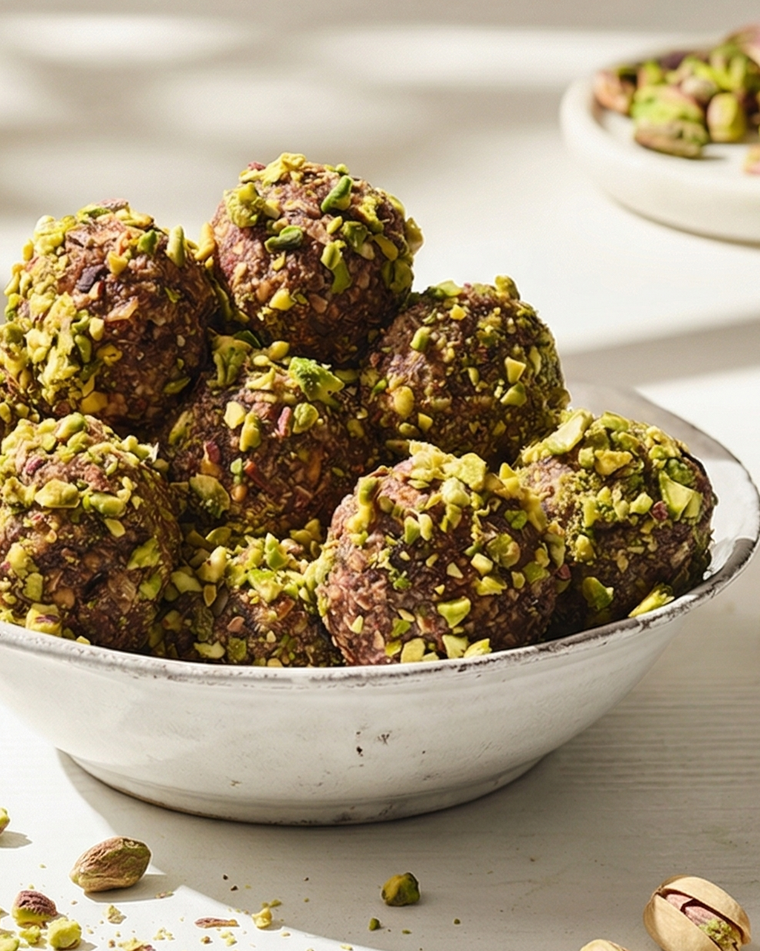 Banana and pecan energy balls in a white bowl