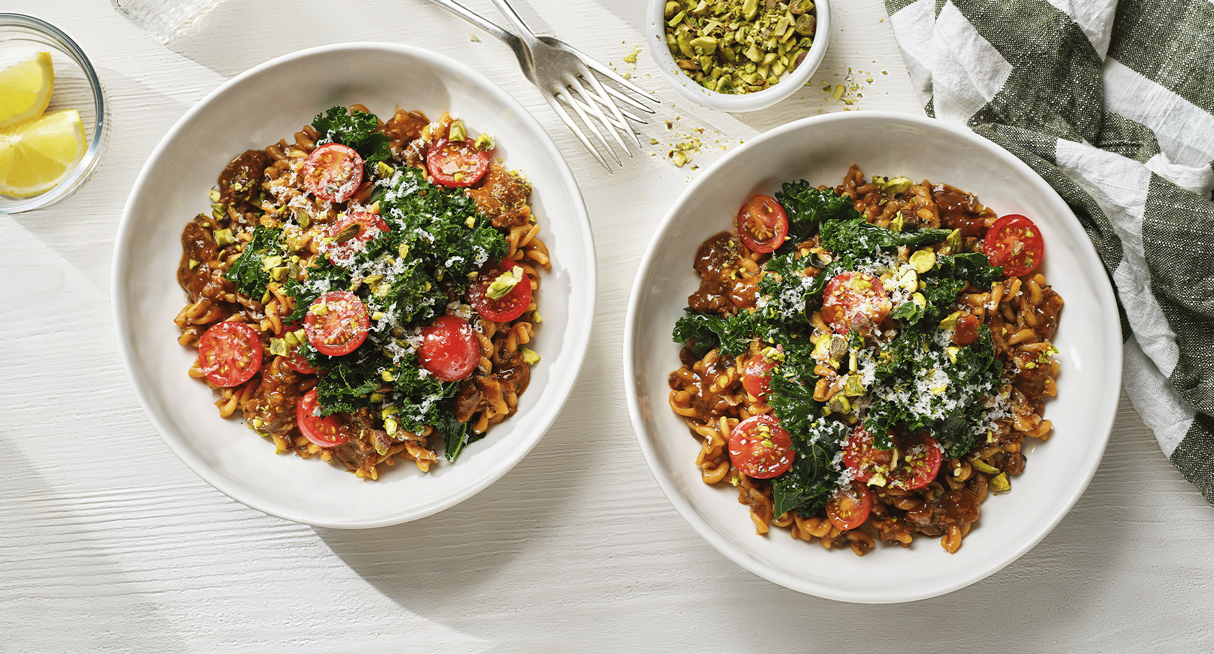 High protein pistachio pasta in a plate