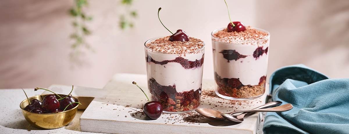 High-protein Black Forest gateau pots​