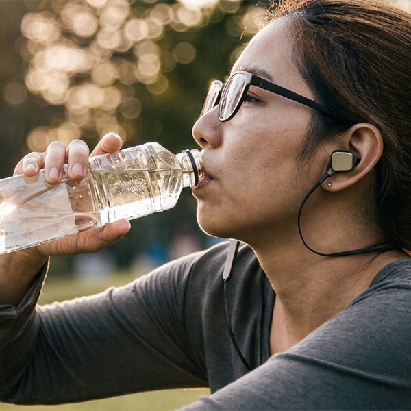 Female in the park drinking water